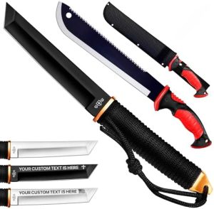 Kertészeti macheték | Tanto Kempészkés Tokkal – 3+ Színben – 5,9″ Rögzített Teljes Tányér Tükörfényes Kés – 11 Hüvelykes Fogazott Kés Machete Nylon Tokkal – Fűrészlap Machetek Csúszásmentes Gumi Fogantyúval Kertészeti macheték Kertészeti macheték