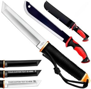 Kertészeti macheték | Tanto Kemping Kés Tokkal – 3+ Színben – 5,9″ Rögzített Teljes Táng Tükörfényes Kés – 11 Hüvelykes Fogazott Kés Machete Nylon Tókkal – Fűrészlap Machetek Csúszásmentes Gumi Fogantyúval Kertészeti macheték Kertészeti macheték